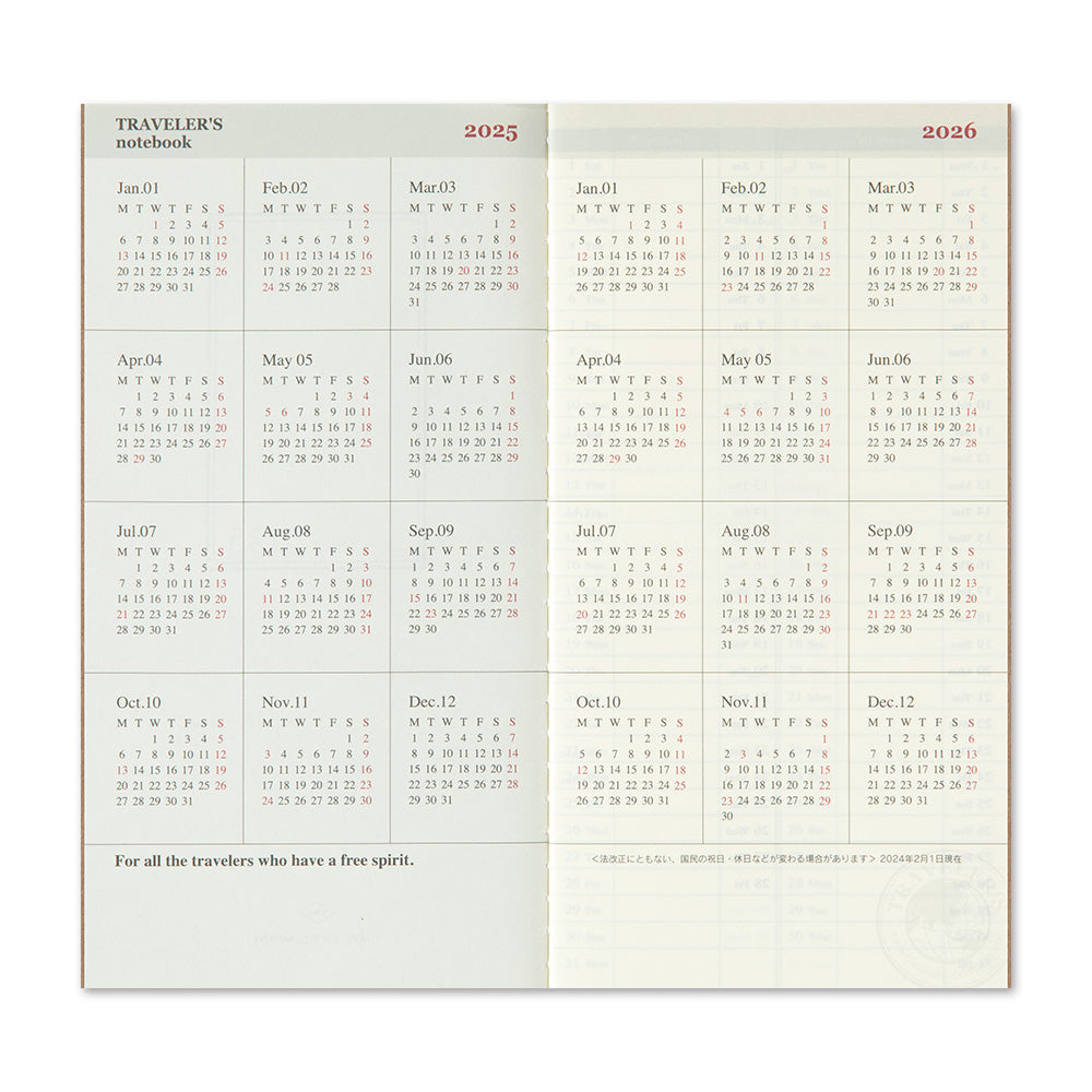 Traveler's Company Notebook Refill 2025 Weekly vertical - A5-