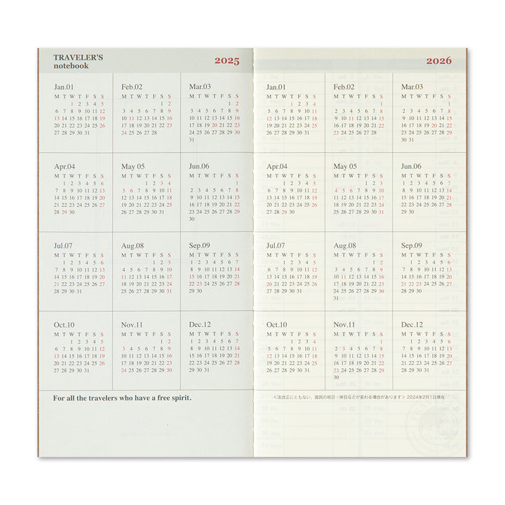 Traveler's Company Notebook Refill 2025 Weekly vertical - A5-