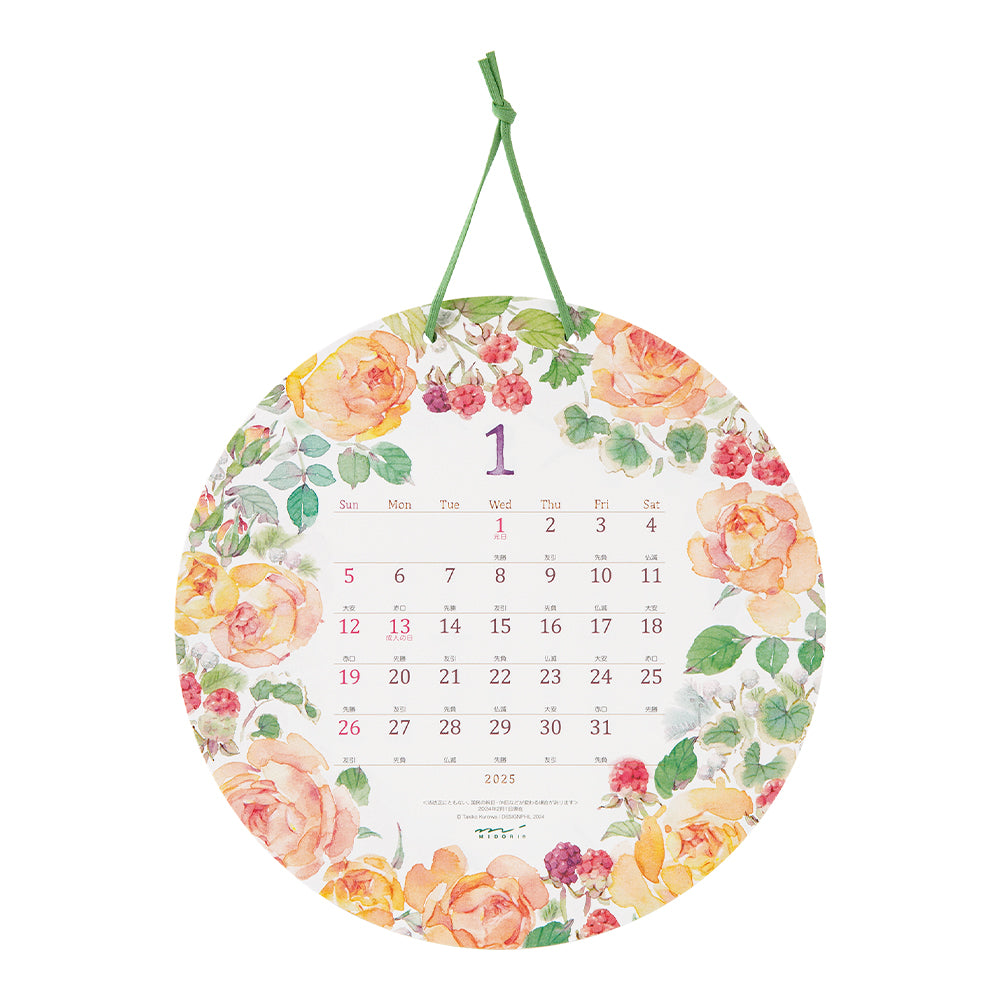 Midori Calendar Wall-Hanging Die Cut Round Country Time Flowers 2025