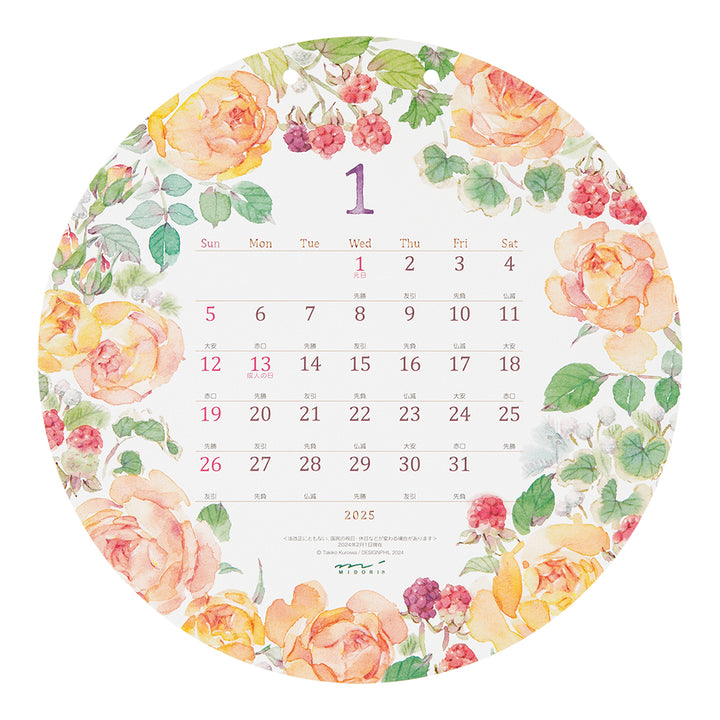 Midori Calendar Wall-Hanging Die Cut Round Country Time Flowers 2025