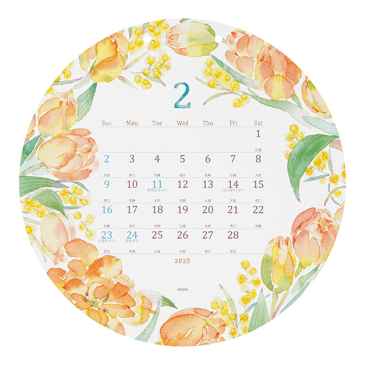 Midori Calendar Wall-Hanging Die Cut Round Country Time Flowers 2025