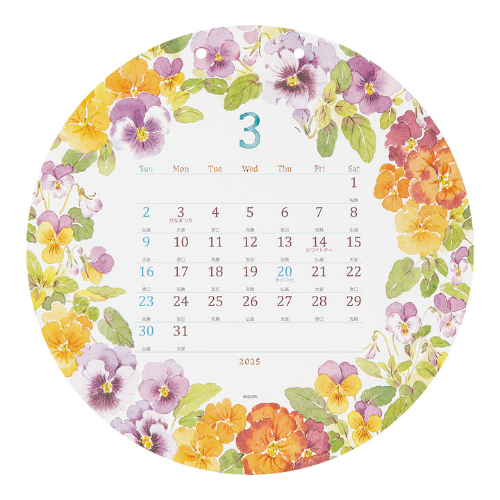 Midori Calendar Wall-Hanging Die Cut Round Country Time Flowers 2025