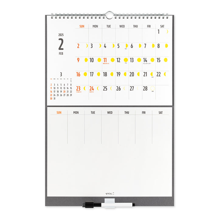 Midori Calendar with White Board Phases of the Moon 2025 - M