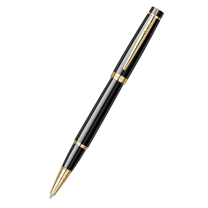 Scrikss Honour 38 Glossy Black Roller Ball Point Pen, Gold Trims, Roller Pen