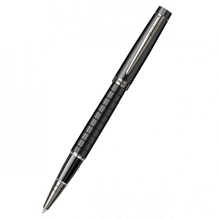 Scrikss Honour 38 Matt Black Roller Ball Point Pen, Checkered Pattern, Titanium Trims, Roller Pen