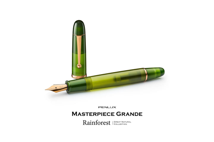 Penlux Masterpiece Grande  Great Natural Fountain Ink Pen | Rain Forest (Green) Body | Piston Filling | Stainless Steel No. 6 Jowo Nibs