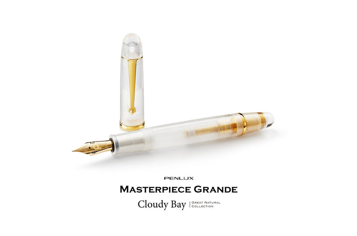 Penlux Masterpiece Grande Great Natural Fountain Ink Pen | Cloudy Bay (Clear) Body Gold Trims | Piston Filling | No. 6 Jowo Nibs