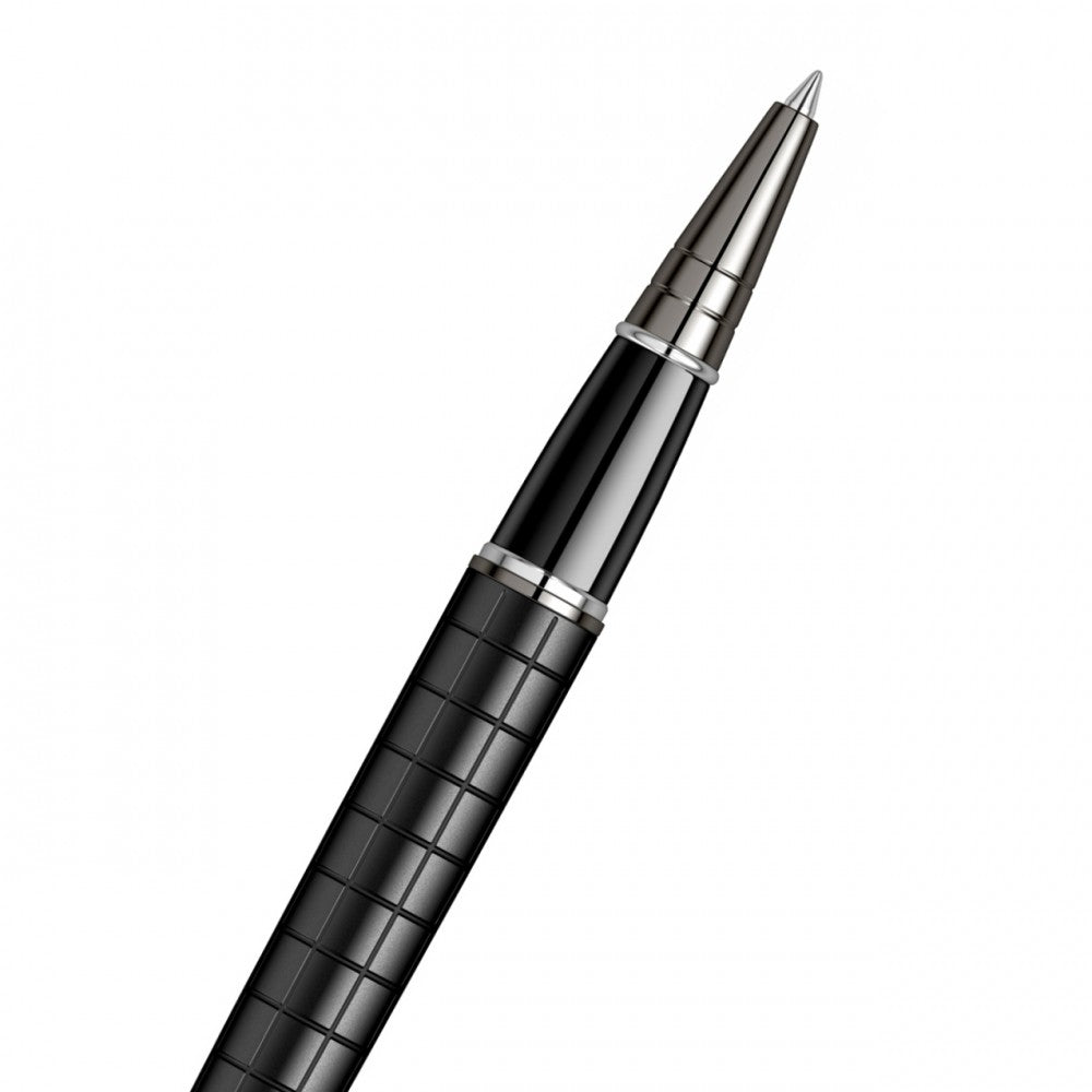 Scrikss Honour 38 Matt Black Roller Ball Point Pen, Checkered Pattern, Titanium Trims, Roller Pen