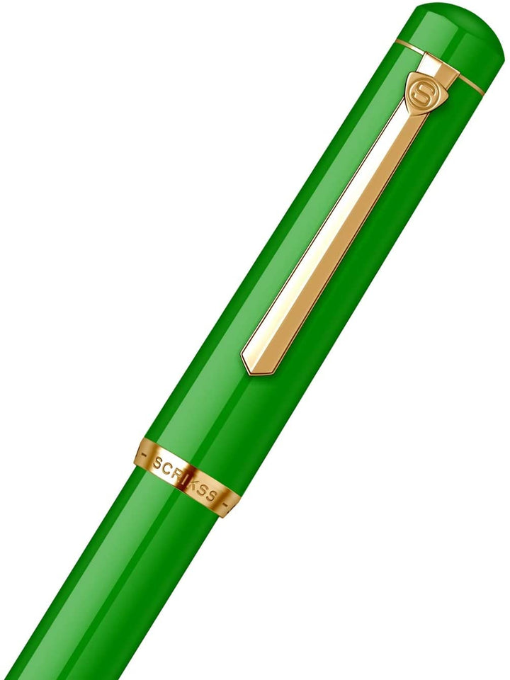 Scrikss 419 Legendary Fountain Ink Pen with Gold Plated Iridium Medium Nib - Trims Scratch Resistant Acrylic Glossy Green Barrel - Screw Cap, Piston Ink Filling System