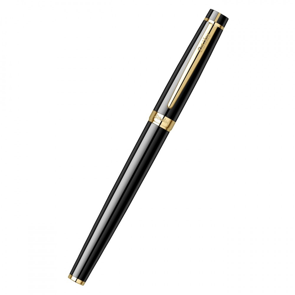 Scrikss Honour 38 Glossy Black Roller Ball Point Pen, Gold Trims, Roller Pen