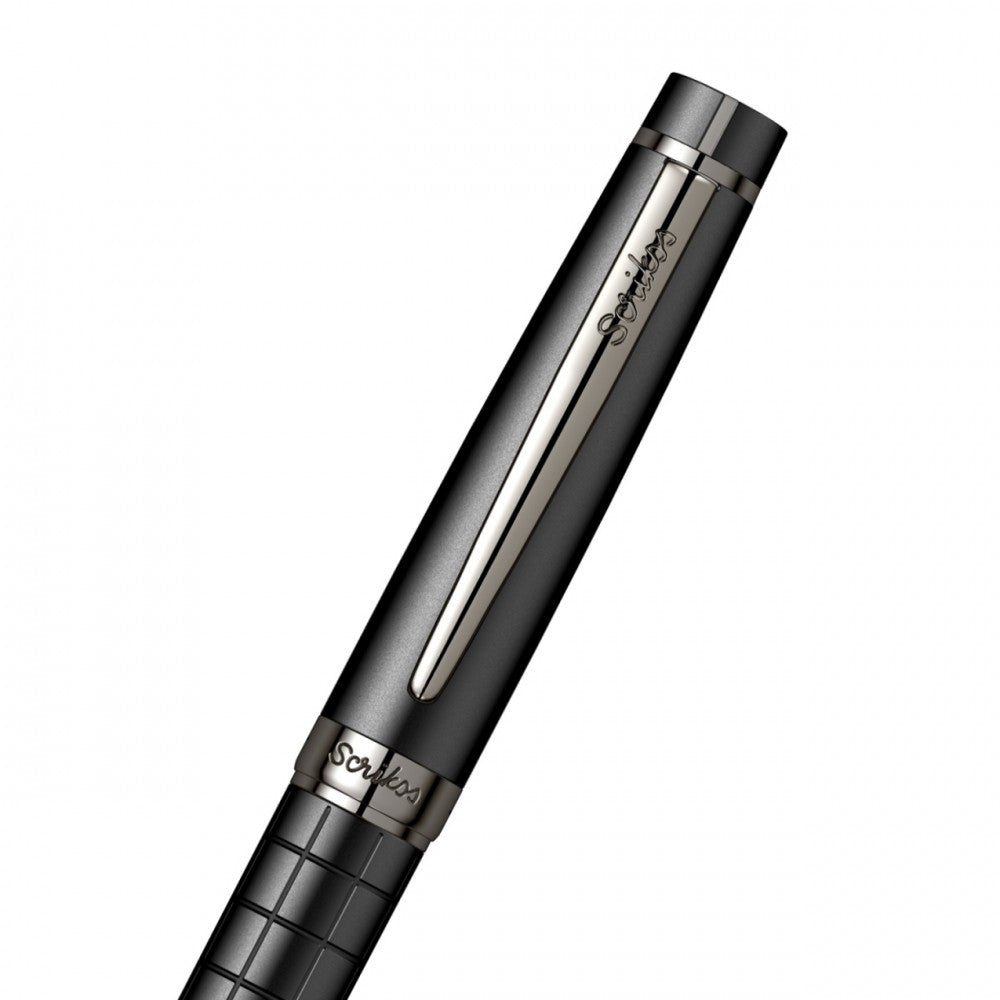 Scrikss Honour 38 Matt Black Roller Ball Point Pen, Checkered Pattern, Titanium Trims, Roller Pen