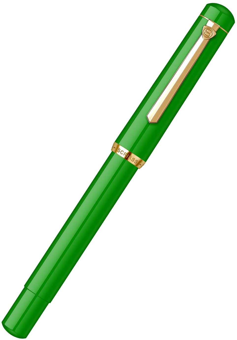 Scrikss 419 Legendary Fountain Ink Pen with Gold Plated Iridium Medium Nib - Trims Scratch Resistant Acrylic Glossy Green Barrel - Screw Cap, Piston Ink Filling System