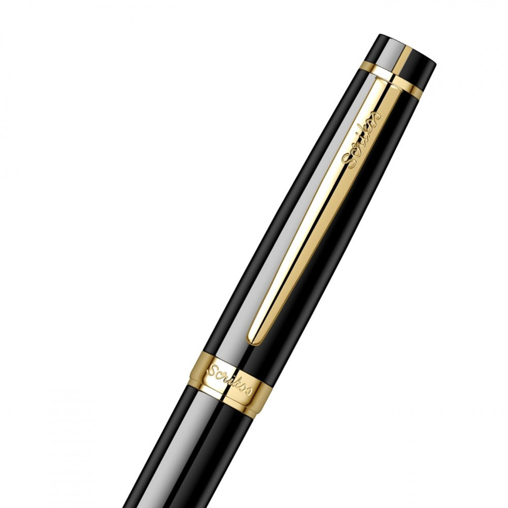 Scrikss Honour 38 Glossy Black Roller Ball Point Pen, Gold Trims, Roller Pen