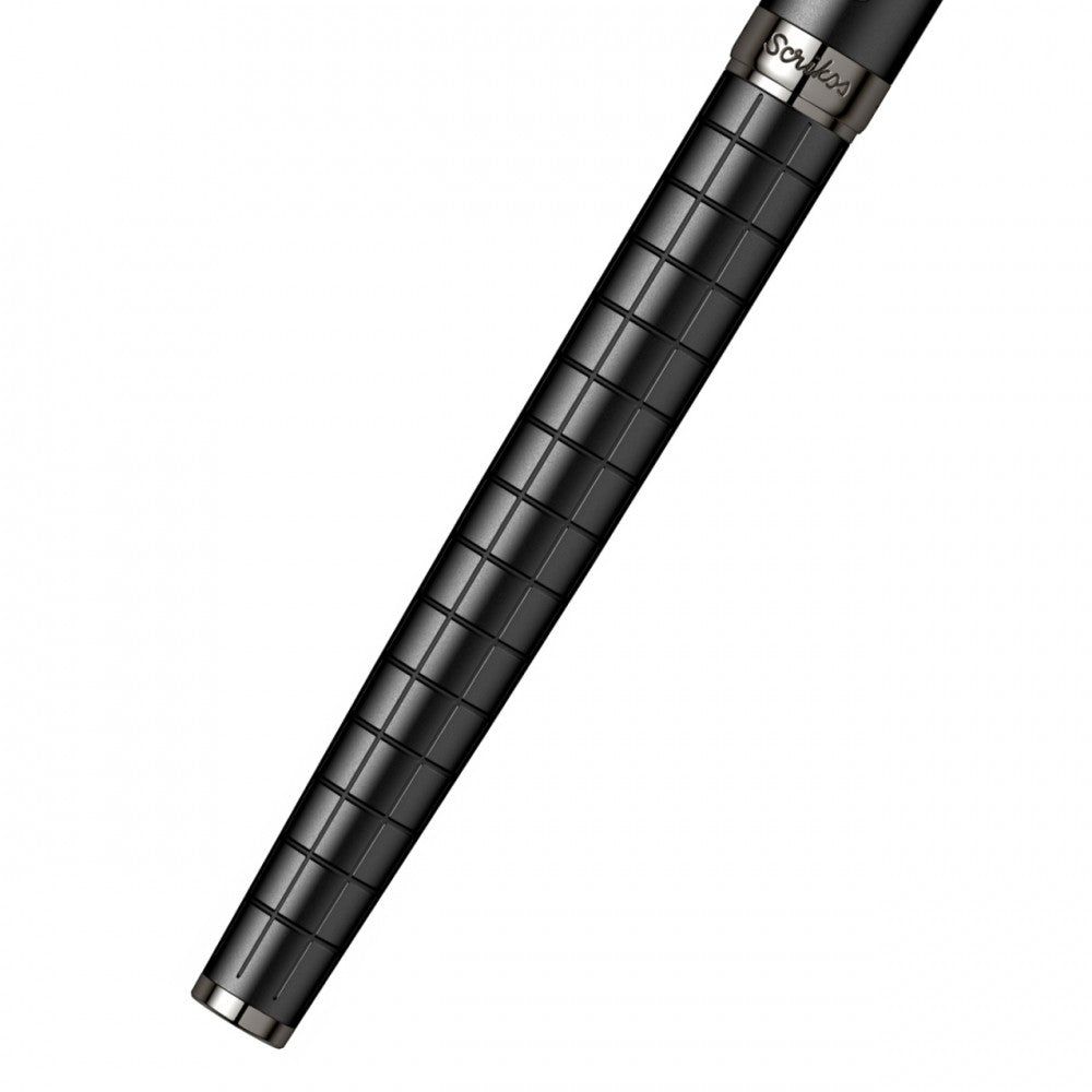 Scrikss Honour 38 Matt Black Roller Ball Point Pen, Checkered Pattern, Titanium Trims, Roller Pen