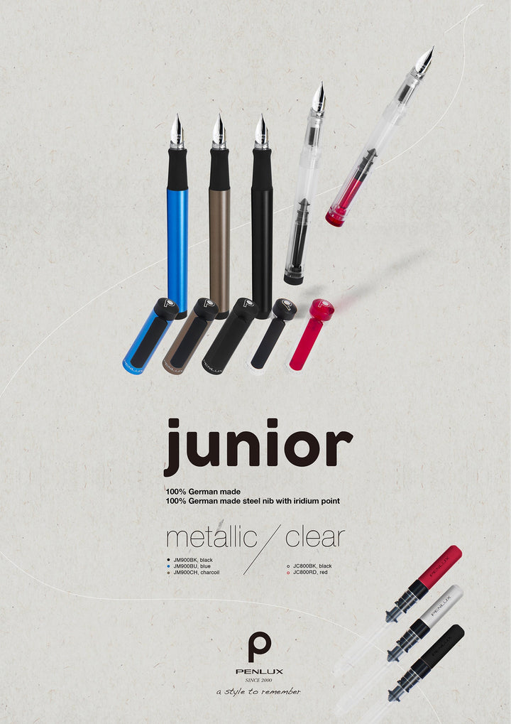 Penlux Junior Metallic Charcoal Body With Black Clip Fountain Ink Pen. Made In Taiwan