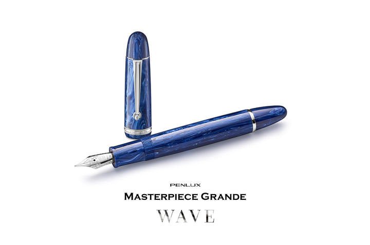 Penlux Masterpiece Grande Fountain Ink Pen | Steel Nib | Blue Wave Body | Piston Filling | Oversize Pen with No. 6 Jowo Nibs