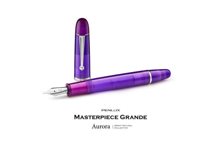 Penlux Masterpiece Grande Great Natural Fountain Ink Pen | Aurora Australis (Purple) Body | Piston Filling | Stainless Steel No. 6 Jowo Nibs