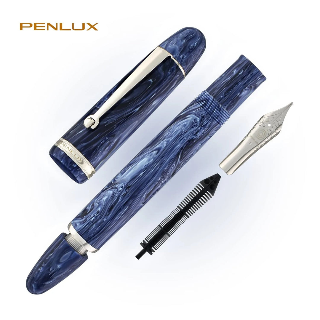 Penlux Masterpiece Grande Fountain Ink Pen | Steel Nib | Blue Wave Body | Piston Filling | Oversize Pen with No. 6 Jowo Nibs