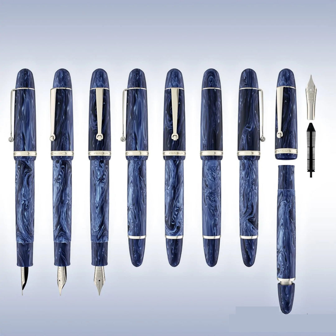 Penlux Masterpiece Grande Fountain Ink Pen | Steel Nib | Blue Wave Body | Piston Filling | Oversize Pen with No. 6 Jowo Nibs